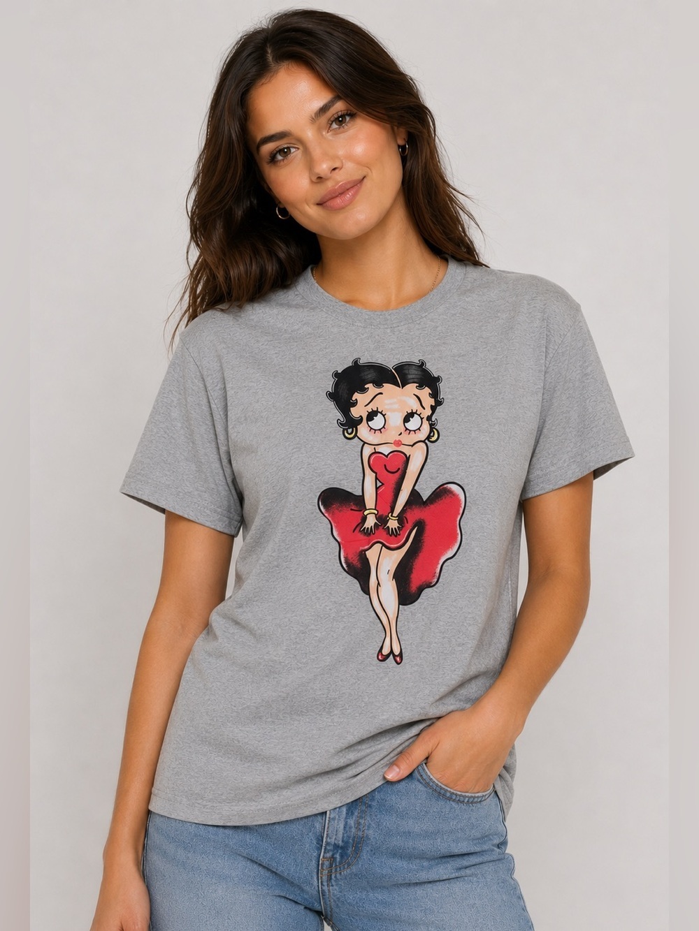 BETTY BOOP CHARACTER T-SHIRT - GREY MULTI SIZES (NEW WITH TAGS) A15